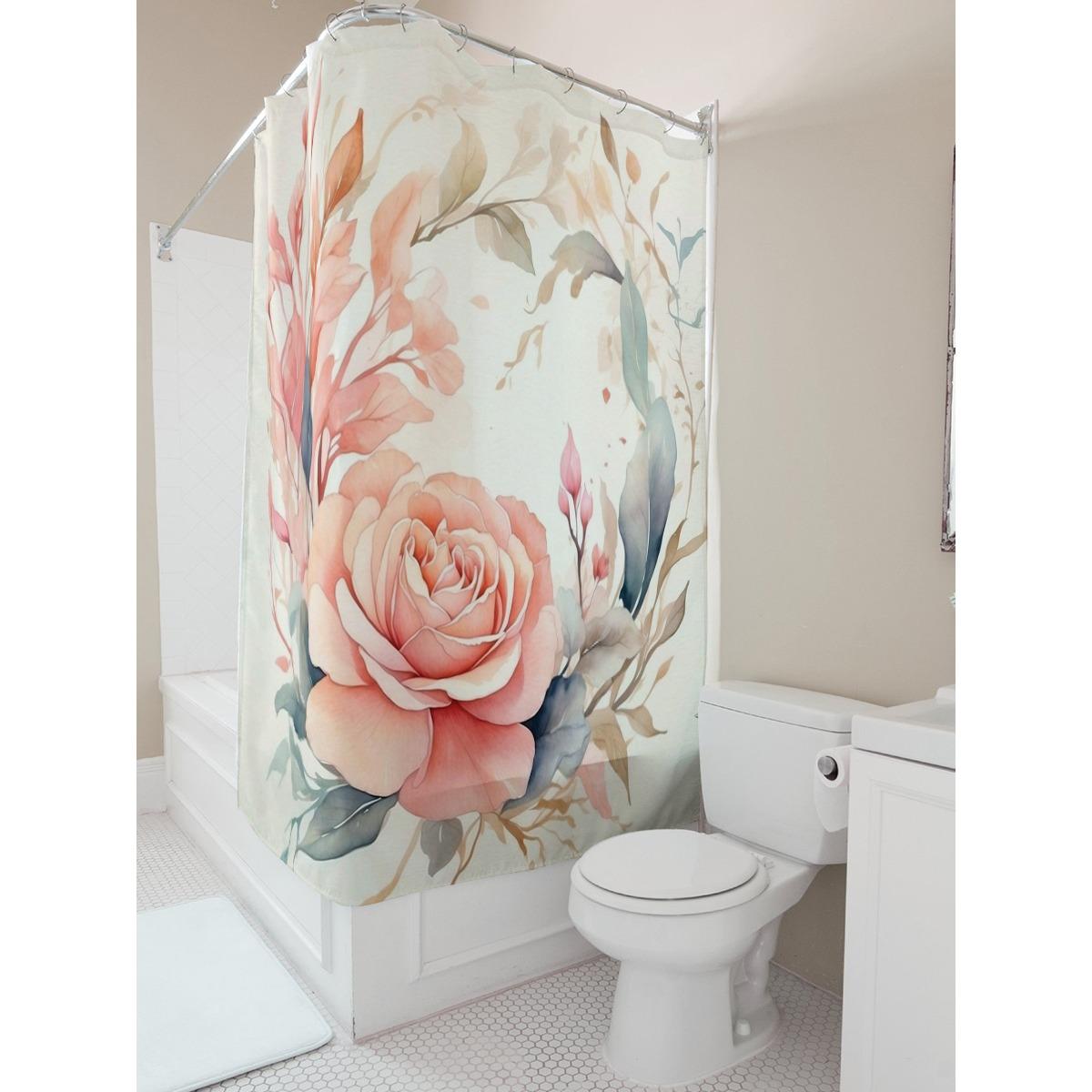 

Watercolor Rose And Leaves Waterproof Shower Curtain W60H190(CM)-1 Pcs