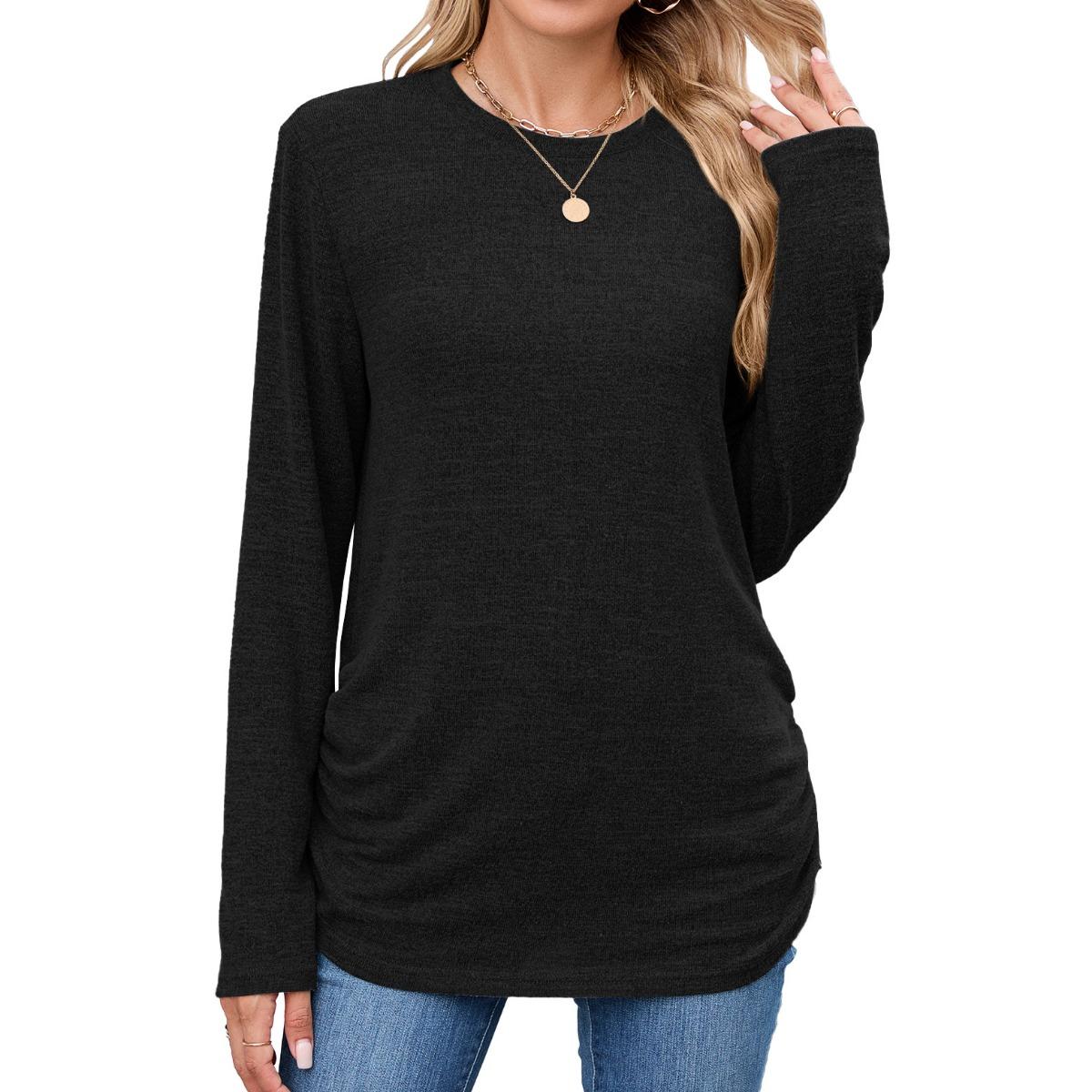 

Fall Winter New Women s Solid Color Crew Neck Loose Long Sleeve T-shirt Top For Cross-border Export S чёрный