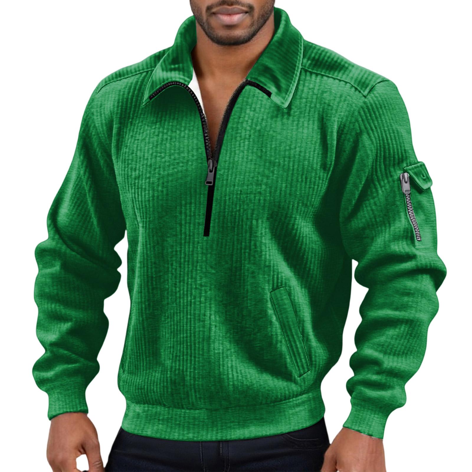 Heima A Heren Effen Kleur Corduroy Rits Hals Lange Mouw Top Heren Casual Revers Top L groen
