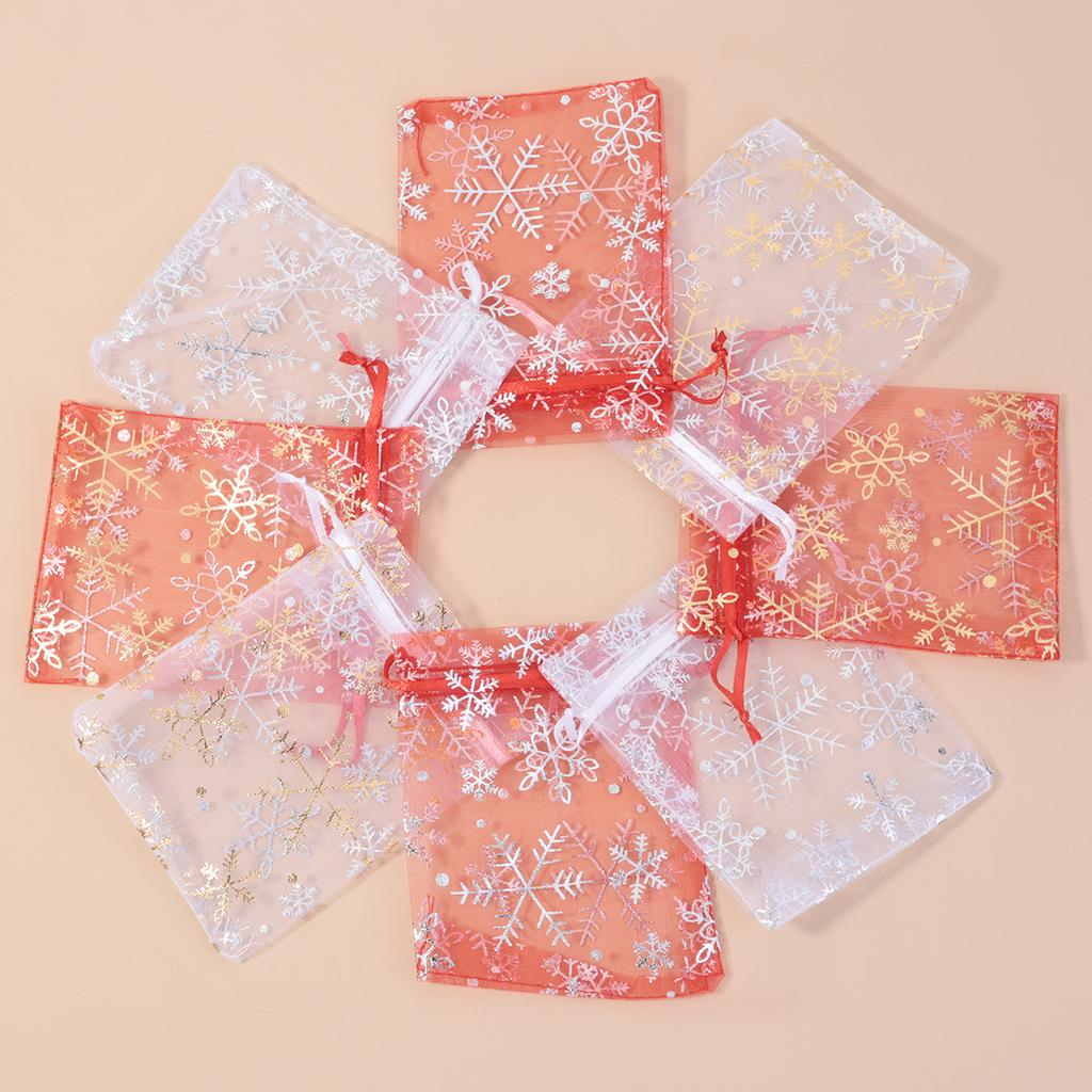 10pcs/lot Organza Gift Bags Snowflake Drawstring Pouches For Wedding New Year Christmas Party Candy Jewelry Gifts Packaging Bags