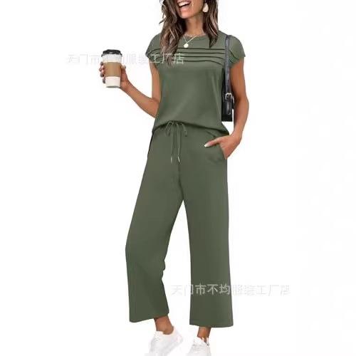 European and American women's clothing is popular, spring and summer knitted short-sleeved wide-leg pants casual two-piece set