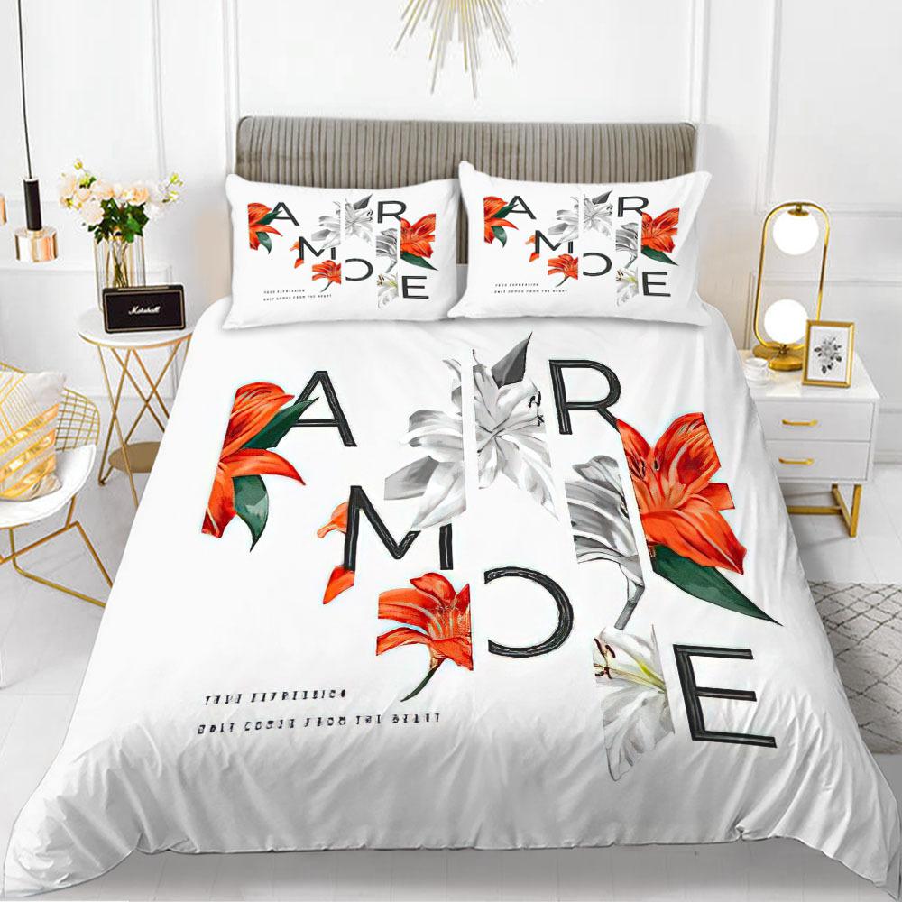 Flower Duvet Cover Set Words White Background with Colourful Flowers Pattern Bike King Size for Boys Girls Polyester Bedding Set