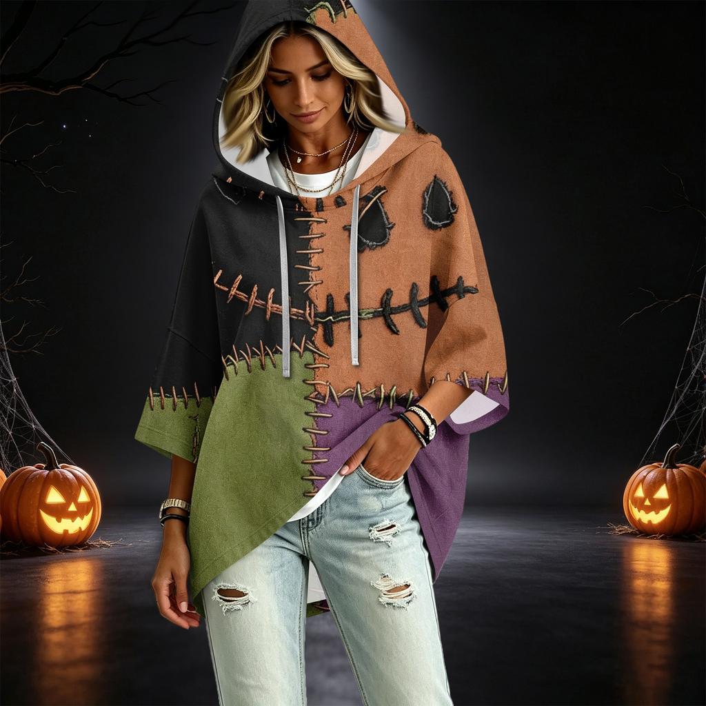 Damenmode Dreiviertelarm Halloween-Print Kapuzenpullover Top
