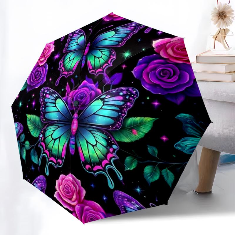Flower Automatic Folding Umbrella Compact 8-Rib Design Durable Plastic & Iron for Outdoor Daily Use Gift for Friends & Family