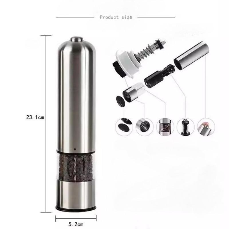 Nerezový mlýnek na pepř a sůl na baterie se světlem - Jednoruční tlačítkový šejkr na koření sůl a pepř