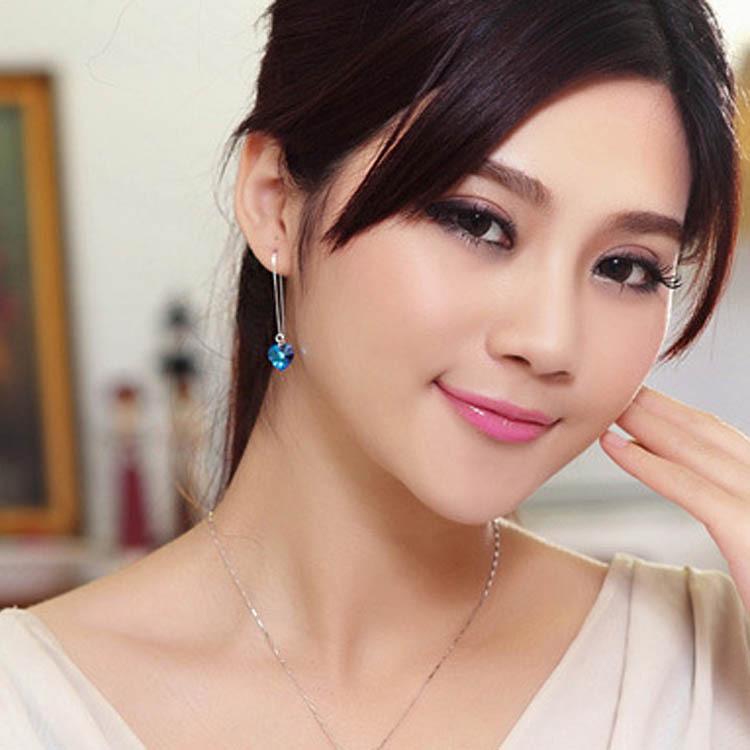 925 Silver Crystal Ocean Heart Tassel Earrings