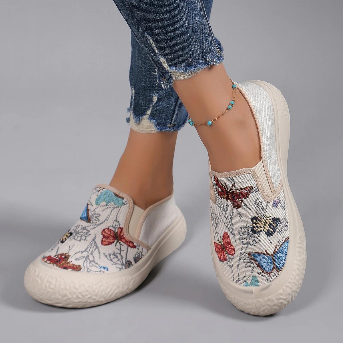 

Классические туфли на плоской подошве для женщин, пляжные мокасины из ткани, слипоны с круглым носком, женские повседневные туфли с цветочным принтом и бабочками, большие размеры 40 бежевый