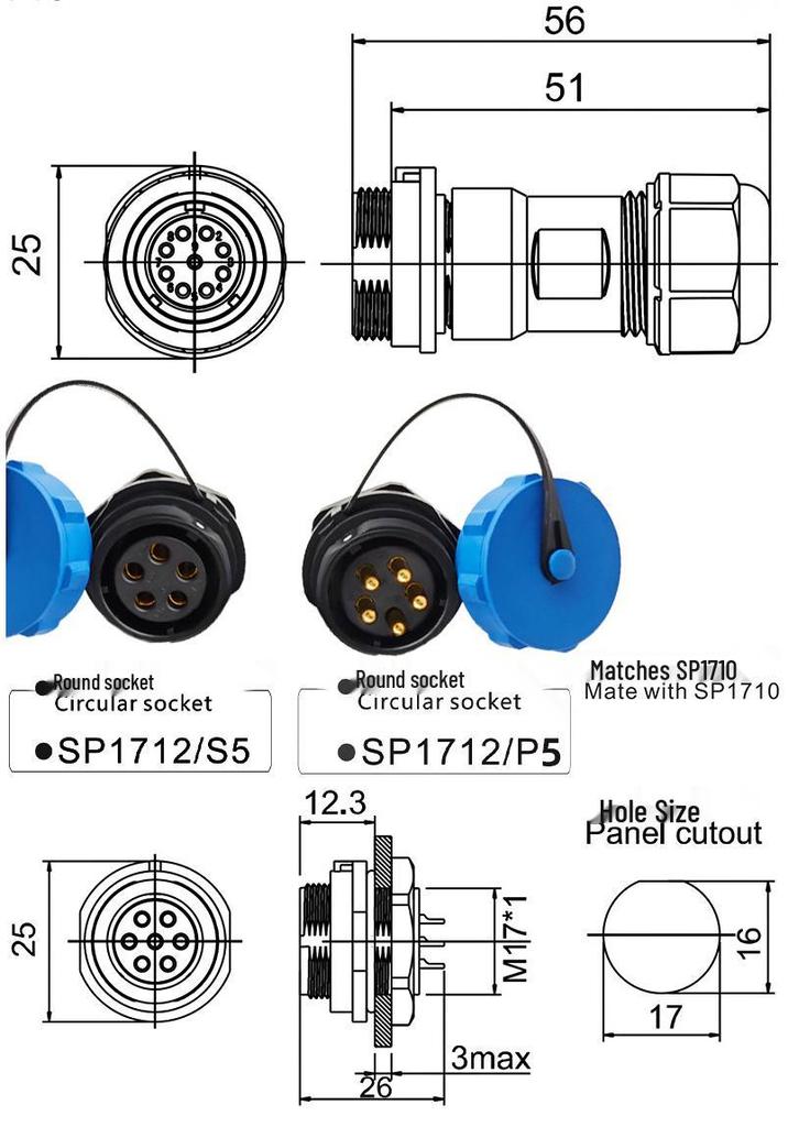 Yue Ling SP17 Series IP68 Waterproof Aviation Plug with Rear Nut Flange