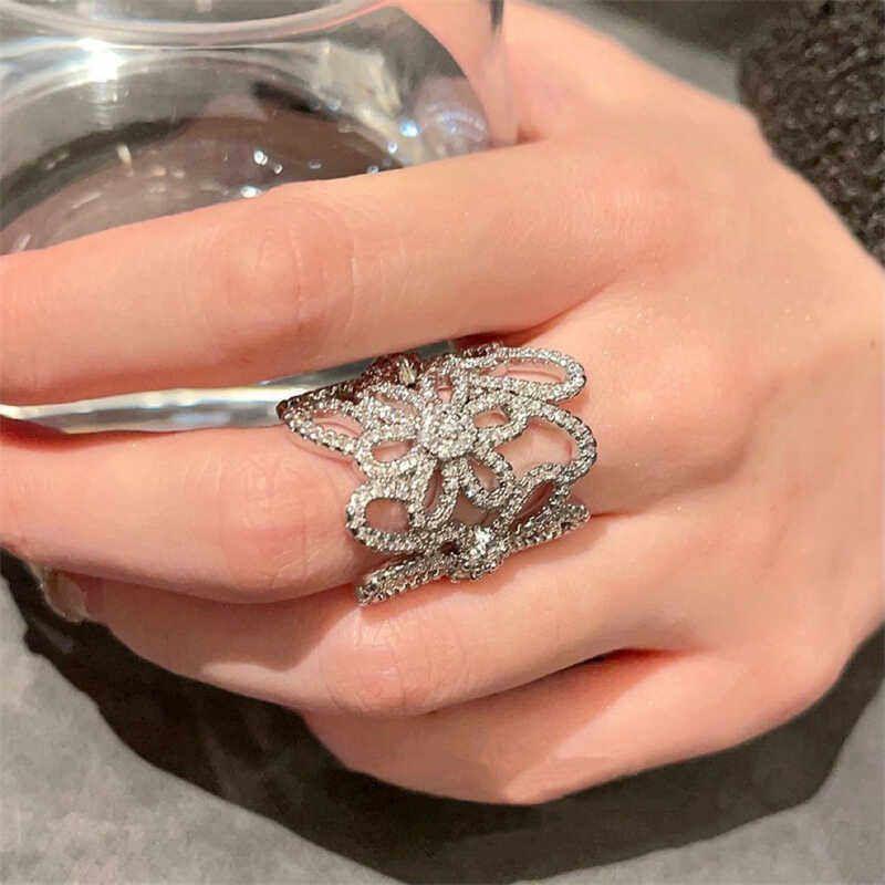 Fashion Retro Super Flash Zircon Micro-Inlaid Cut Out Stylish Large Pearl Grace Versatile Opening Fancy Ring