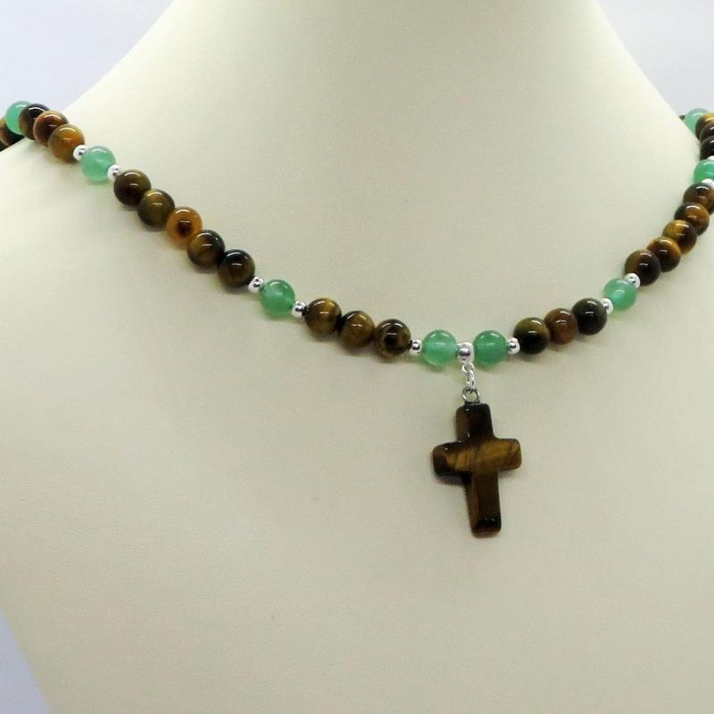 Adjustable Length Tigereye Crucifix Beaded Necklace 8mm Natural Beads Design Elegant Style and Good Luck Charm