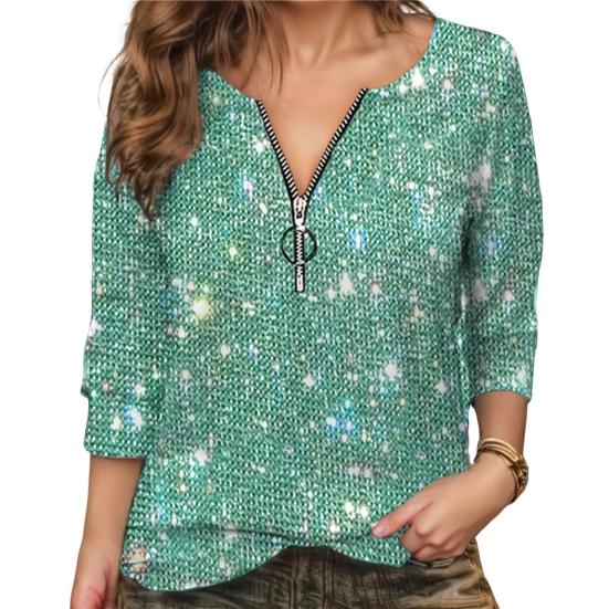 Damen-Shirt mit Rundhalsausschnitt, Reißverschluss, halbe Knopfleiste, Langarm-Pullover, glitzernde Pailletten, reguläre Passform