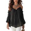 Women Casual Off Shoulder Ruffle V Neck Lace Up Strap Long Sleeve Shirt
