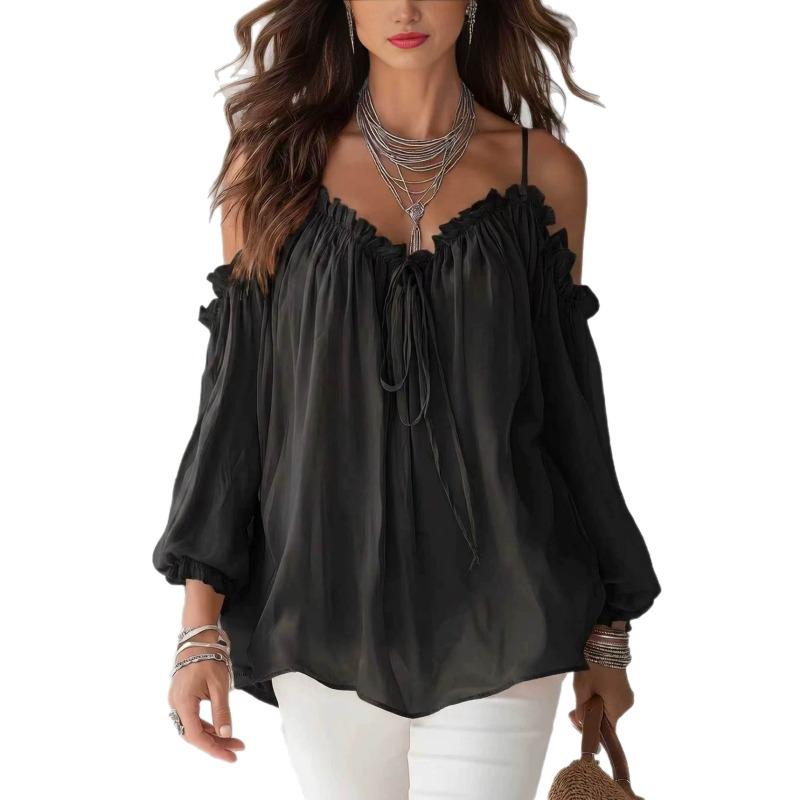 Women Casual Off Shoulder Ruffle V Neck Lace Up Strap Long Sleeve Shirt
