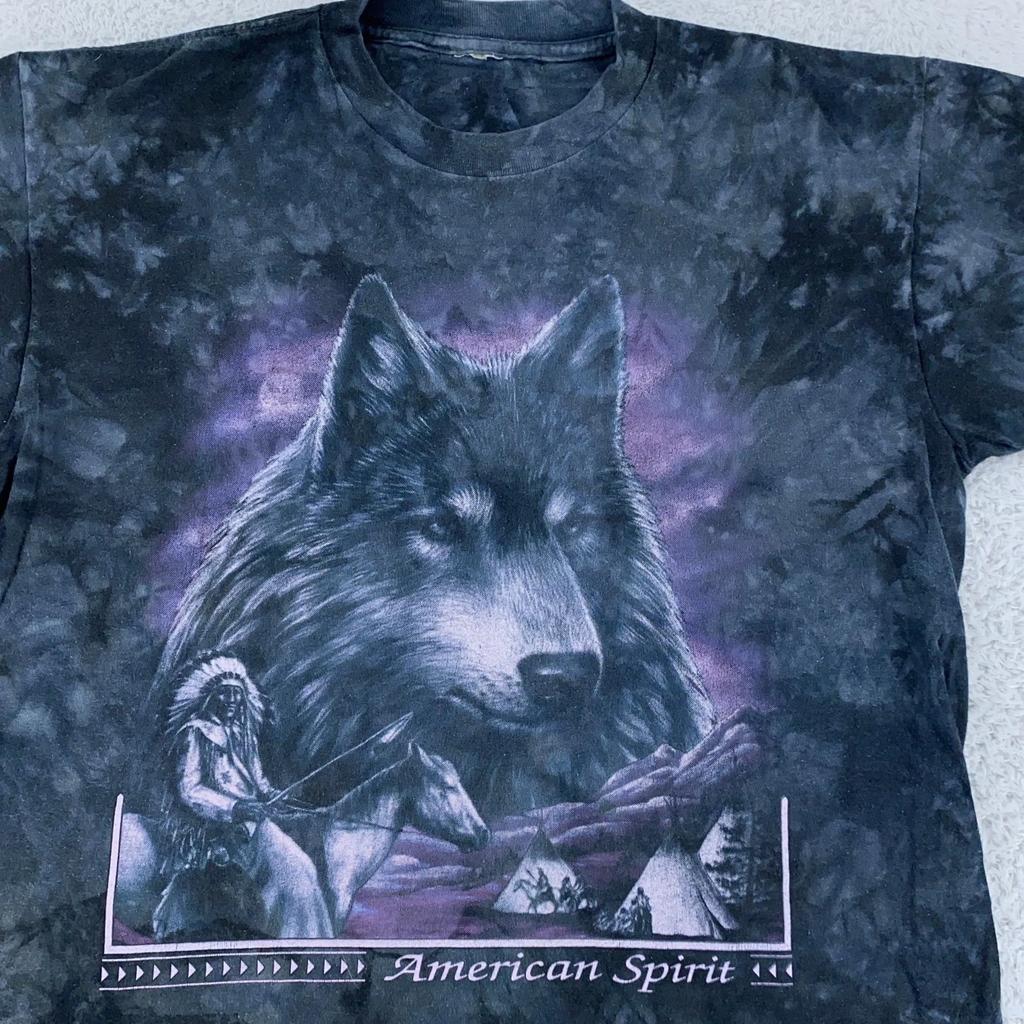 Vintage American Spirit Wolf Shirt Mens Large Black Tie Dye Native 90s Tee
