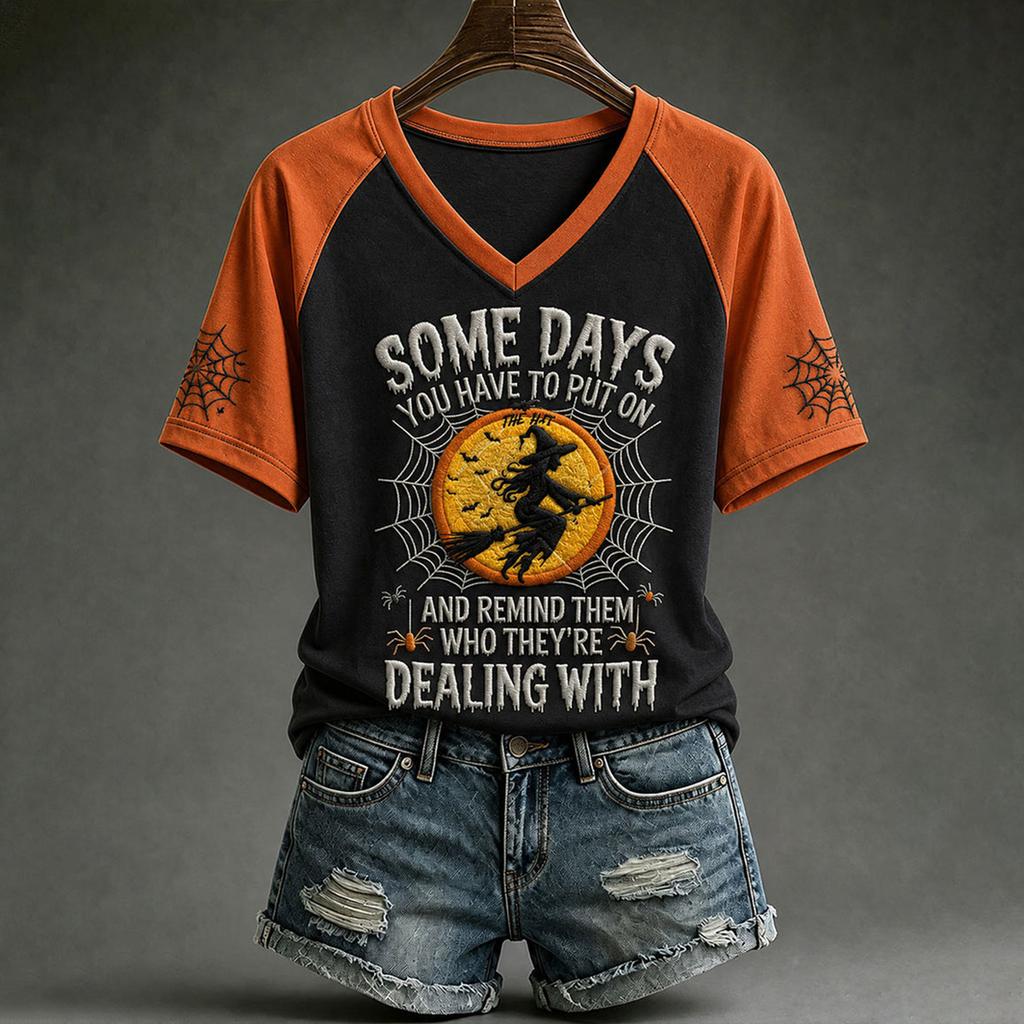Women's Casual V-Neck Short Sleeve Halloween Print T-Shirt with Raglan Sleeves