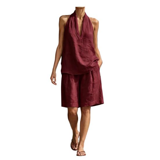 Women s 2 Piece Outfits Sleeveless Halter V Neck Tank Top S вино красного