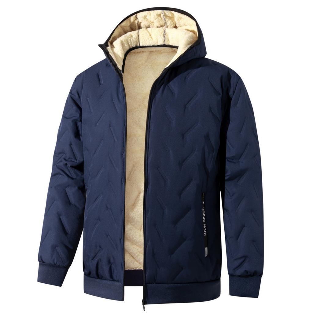 Men's Color Quilted Hooded Cotton Jacket with Zipper Pockets, Thick Warm Lined Windproof Casual Coat