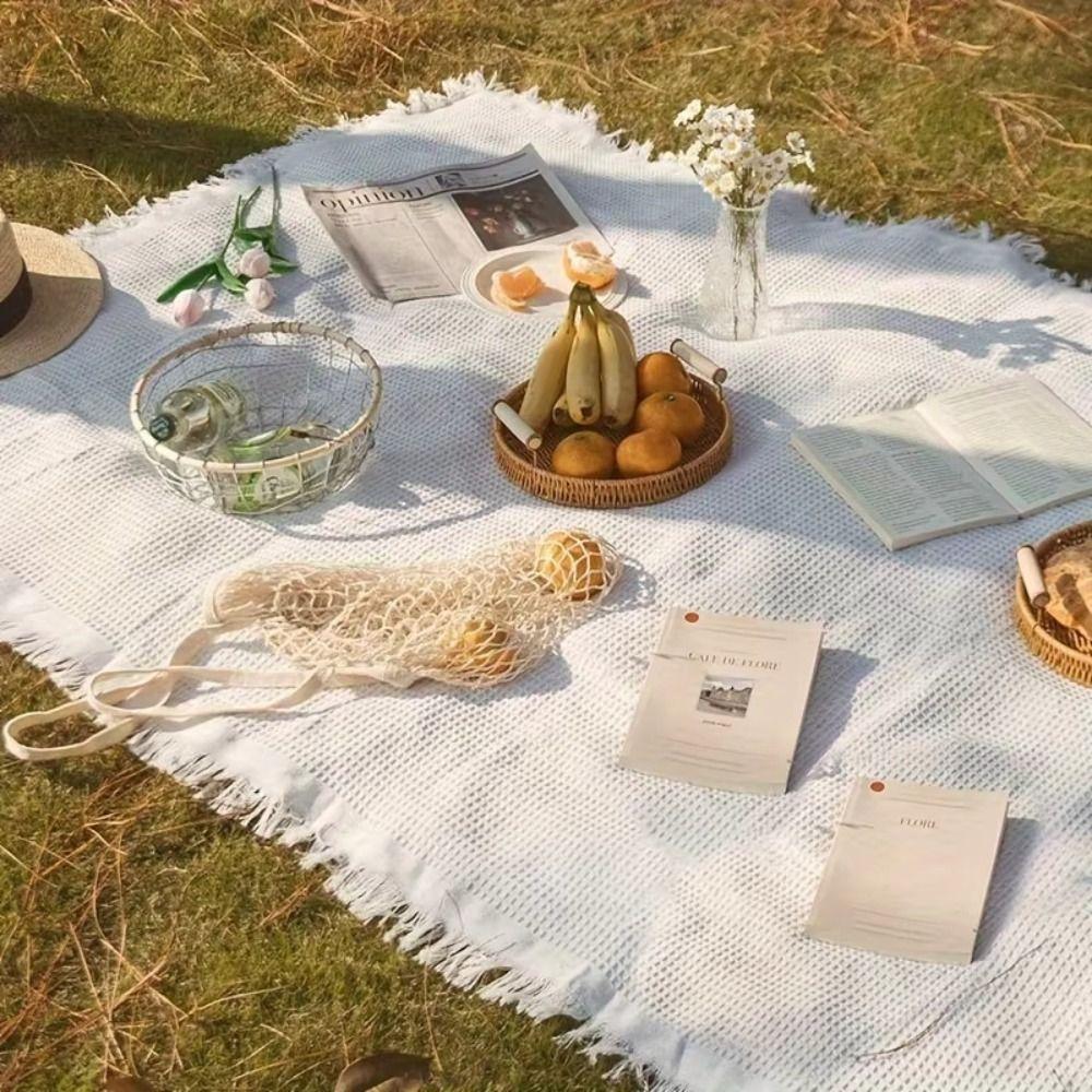 With Tassel Waffle Weave Tablecloth Thickened Outdoor Lawn Floor Mat  Outdoor