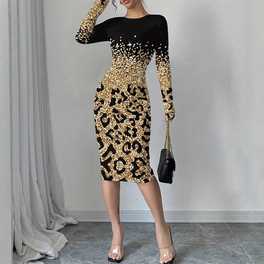 New Autumn Dress Women's Leopard Print Gradient Printed Long Sleeve Midi Dress