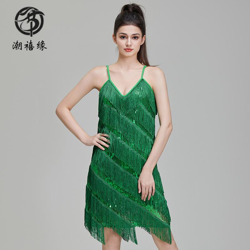 Prom sequins fringed Latin dress V-neck party dress performance dress stage performance competition dress