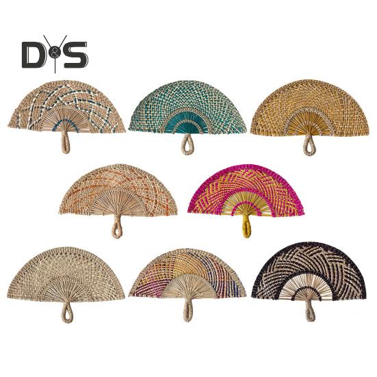 Handgefertigter Fächer aus Strohweben, natürliches Seegras, Raffia-Handfächer, halbrund, gewebtes Palmblatt, Handfächer, Sommer-Kühlfächer, Hochzeits-Party-Dekoration