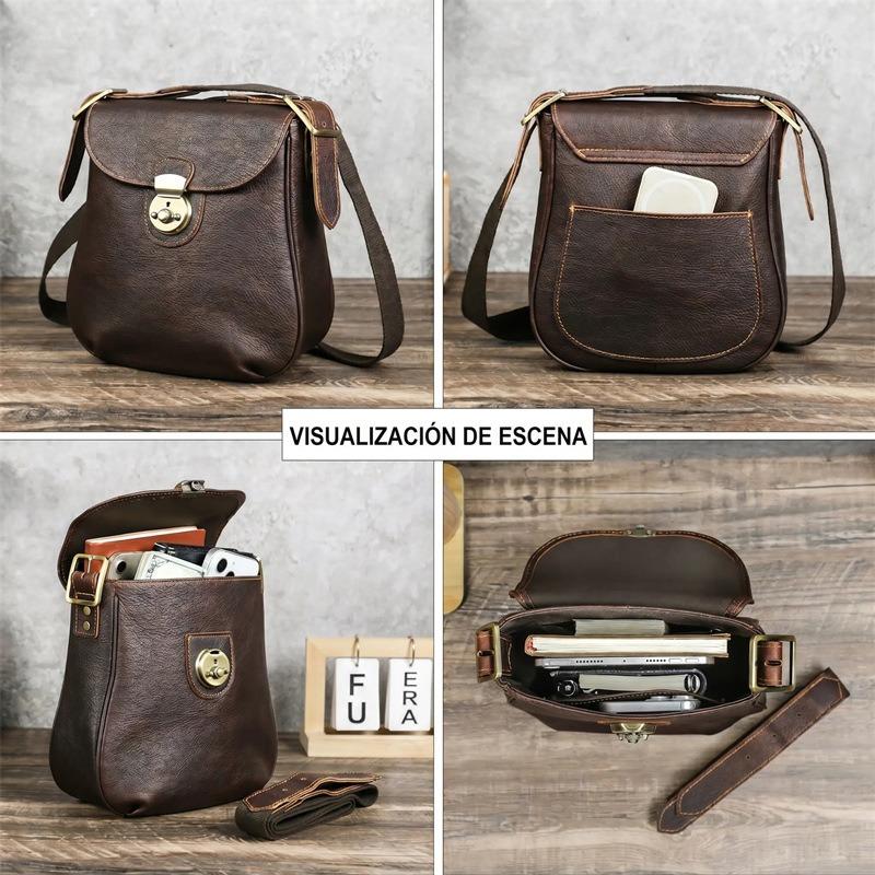 Men Top Grain Crazy Horse Leather Crossbody Bag Multi-Zipper Pockets Vintage Texture