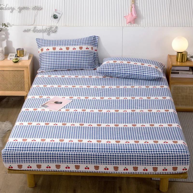 Pure Cotton Printed Fitted Sheet Only Non-Slip Protective Cover for Bedroom  (no Pillowcase)