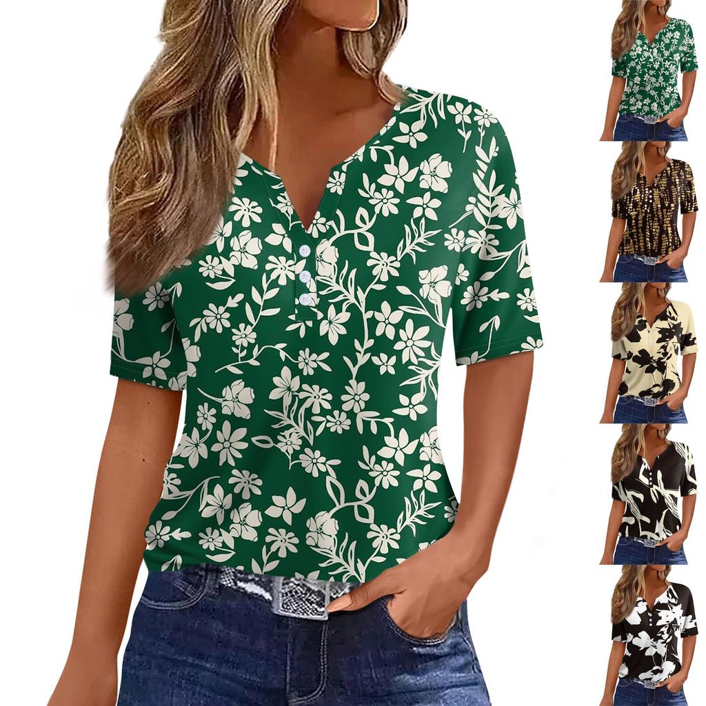 Women's T Shirt Tee Print Button Short Sleeve Daily Weekend Fashion Basic V- Neck Regular Top