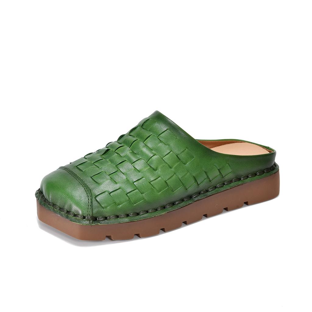 Johnature Genuine Leather Retro Weaving Square Toe Women's Slippers Versatile Outerdoor Flat Slip-on Shoes