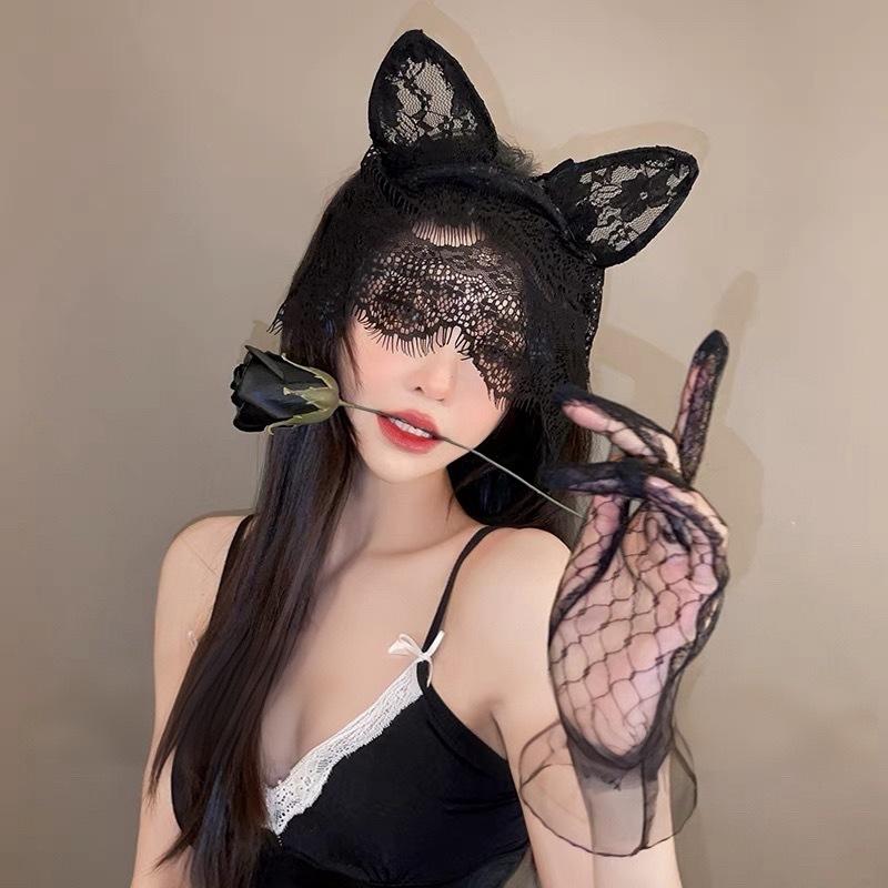 Black Sexy Cat Ears Headband Female Lace Mask Eye Mask Face Mask Mesh Veil Hair Accessories Halloween Headgear