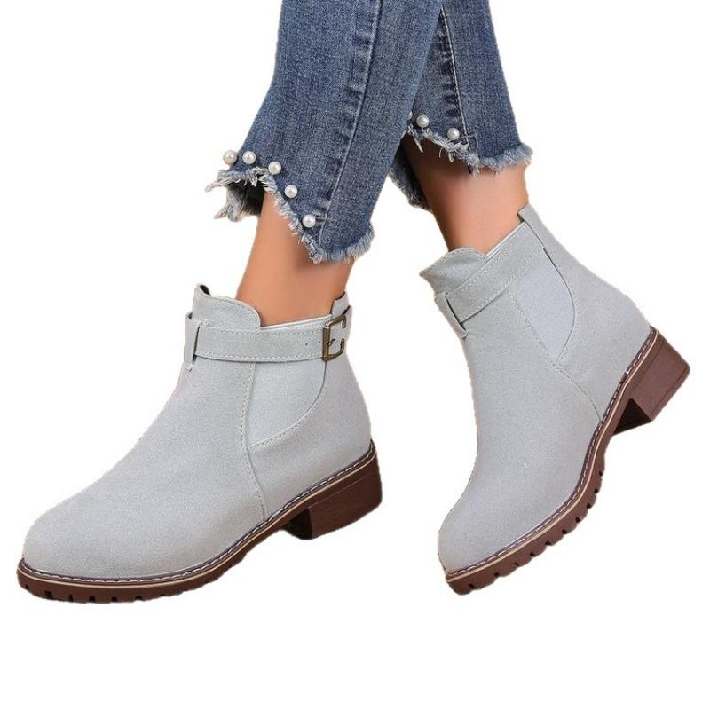 Autumn and winter new women's Martin boots elastic belt buckle round head square heel medium boots women's shoes