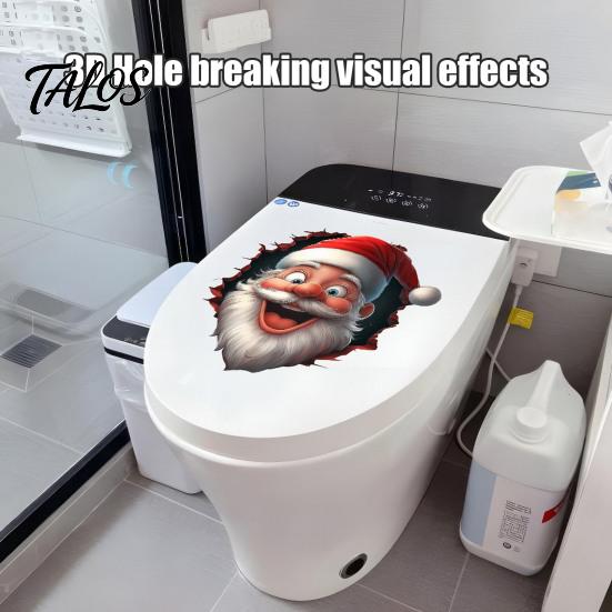 Funny Holiday Party Decorations Santa Toilet Sticker, Christmas Lid Decal, Self-Adhesive, 3D Festive Tank Clings Hole Waterproof PVC Wall Sticker for