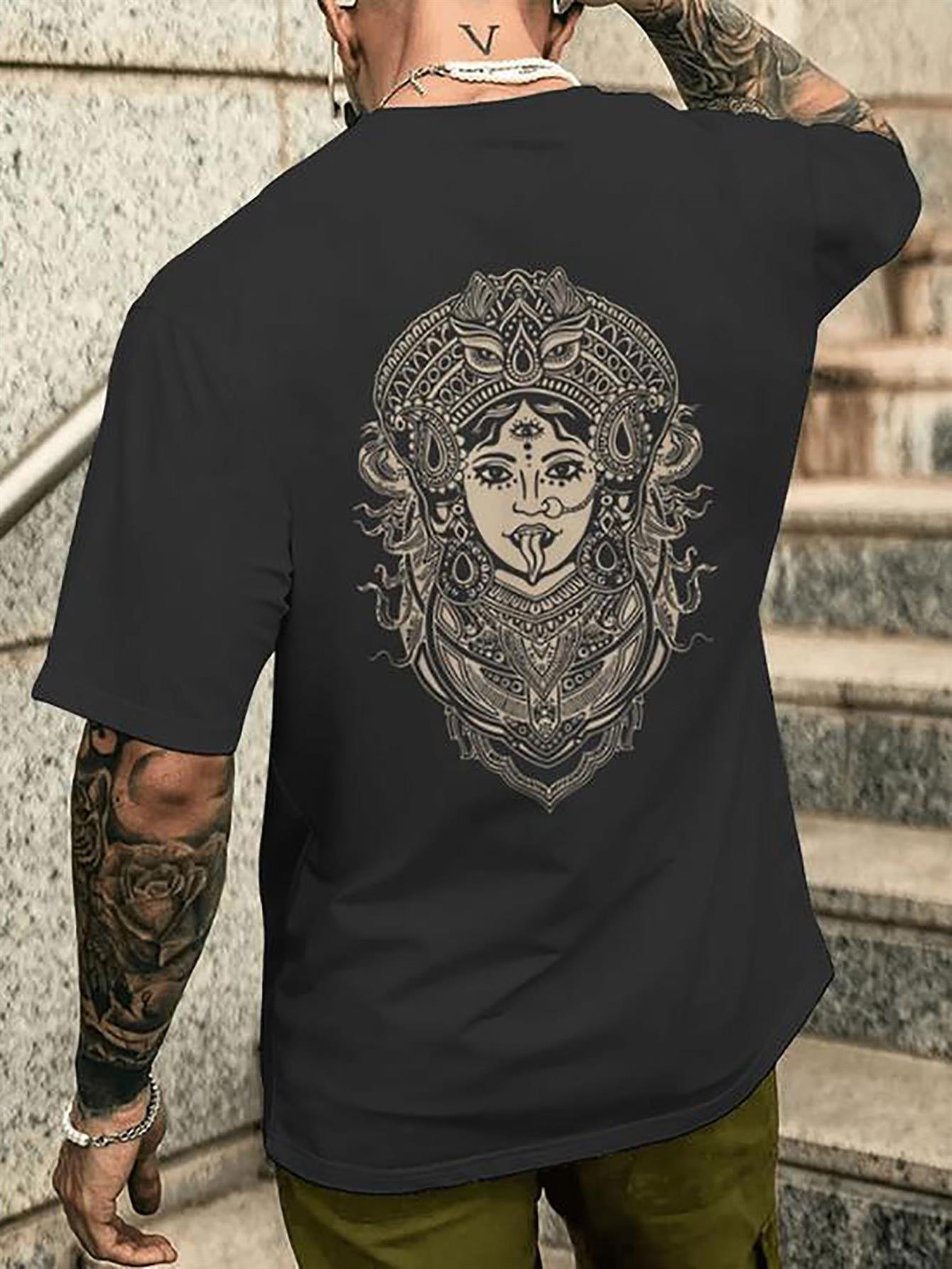 Men S Casual T-Shirt with Exquisite Print on The Back - Psytrance Goa Rave And Mystical Yoga Design S