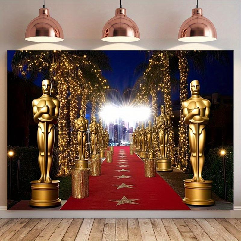 Ein Partybanner mit einer goldenen Oscar-Trophäe, geeignet als Hintergrunddekoration und Fotorequisite. Aus Polyester