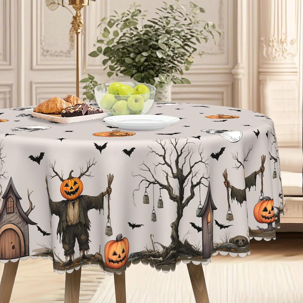1 Retro Halloween Tablecloth, Brown Skull Background, Country Grid And Pumpkin, Halloween Gift