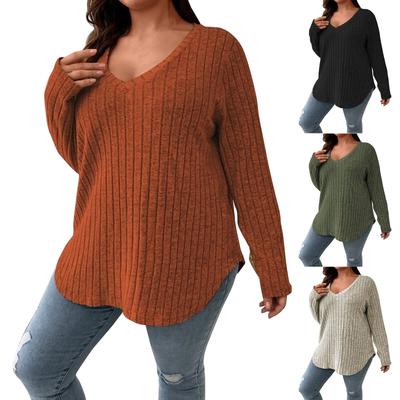 Women's  And Winter Solid Color Big Size Tops V-Neck Long Sleeve Stripe Milled Loose Pullover T-shirt