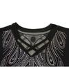 Summer New Cross V-neck Shiny Hot Diamonds T-shirt For Women Slim Short Sleeve Tees Lady Fashion Casual Elastic Mesh Tops