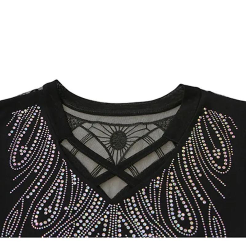 Summer New Cross V-neck Shiny Hot Diamonds T-shirt For Women Slim Short Sleeve Tees Lady Fashion Casual Elastic Mesh Tops