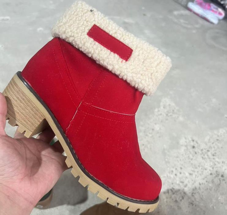 Womens Boots Female Winter Shoes Fur Snow Boots Warm Plush Women's Shoes Square High Heel Ankle Boots Black Botas De Mujer