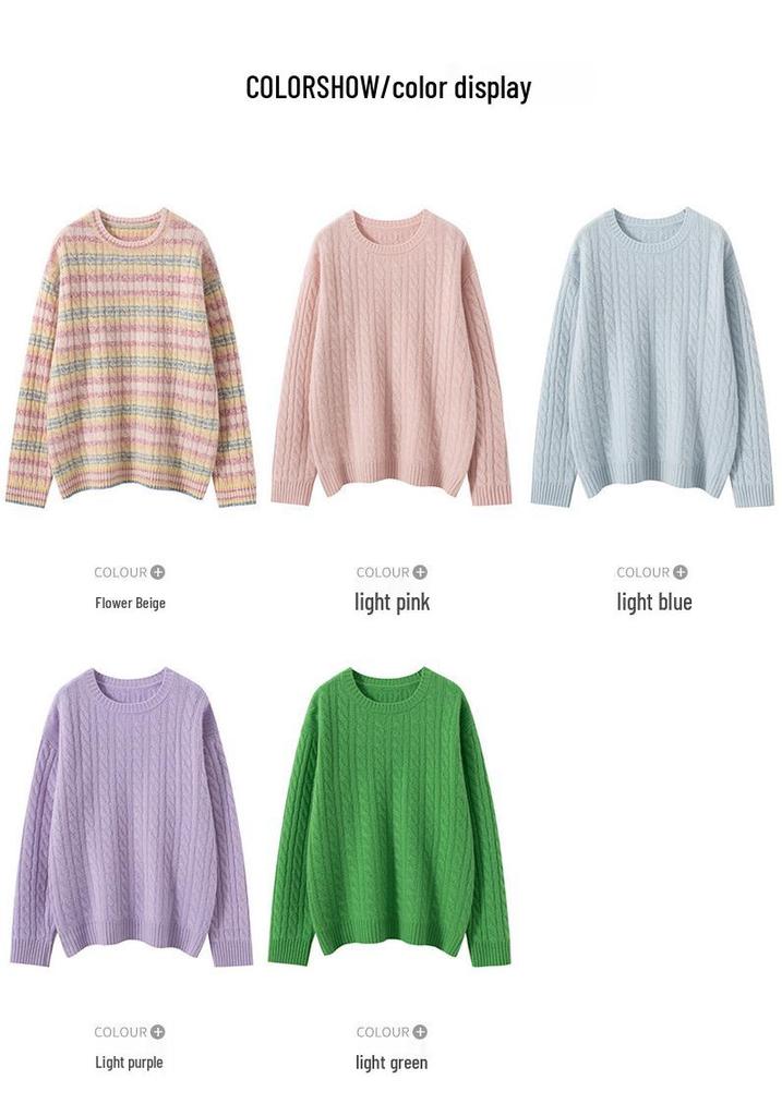 Damen-Farbblock-Kaschmirpullover - Herbst/Winter 2025: Dick, Locker, Rundhals, Zopfmuster, Schlankmachend, Lässiger Stil