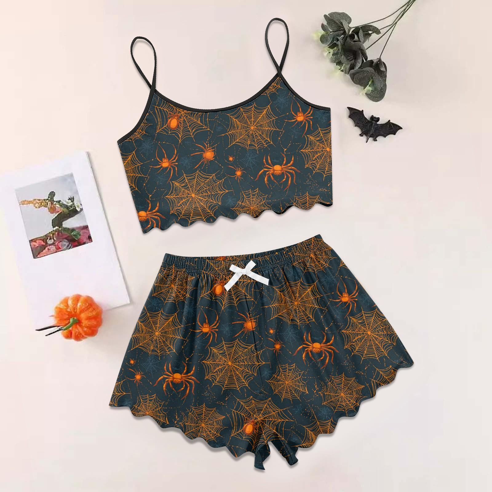 

Women s Halloween Set With Retro Floral Print Suspender Sleeveless Vest Shorts Pajama Set M чёрный