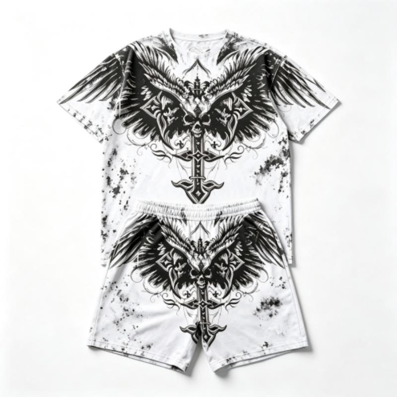 Summer Fashion Y2K Vintage Cross Skull Wings Graphic Printed Round Neck Short Sleeved T-Shirt And Shorts Set Men's and Women's T-shirt Shorts Set