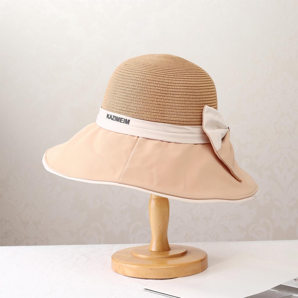 Summer outdoor travel sunscreen bucket hat new fashion splicing visor bow student big eaves hat