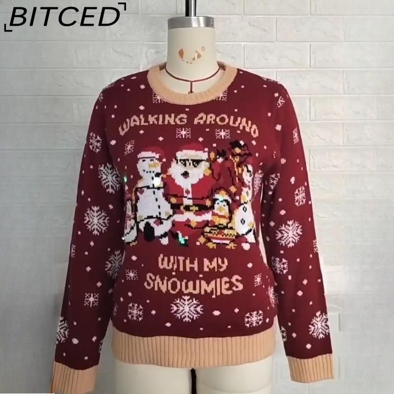 BITCED Red Christmas Sweater for Women Fall/Winter Snowflake Christmas Pullover