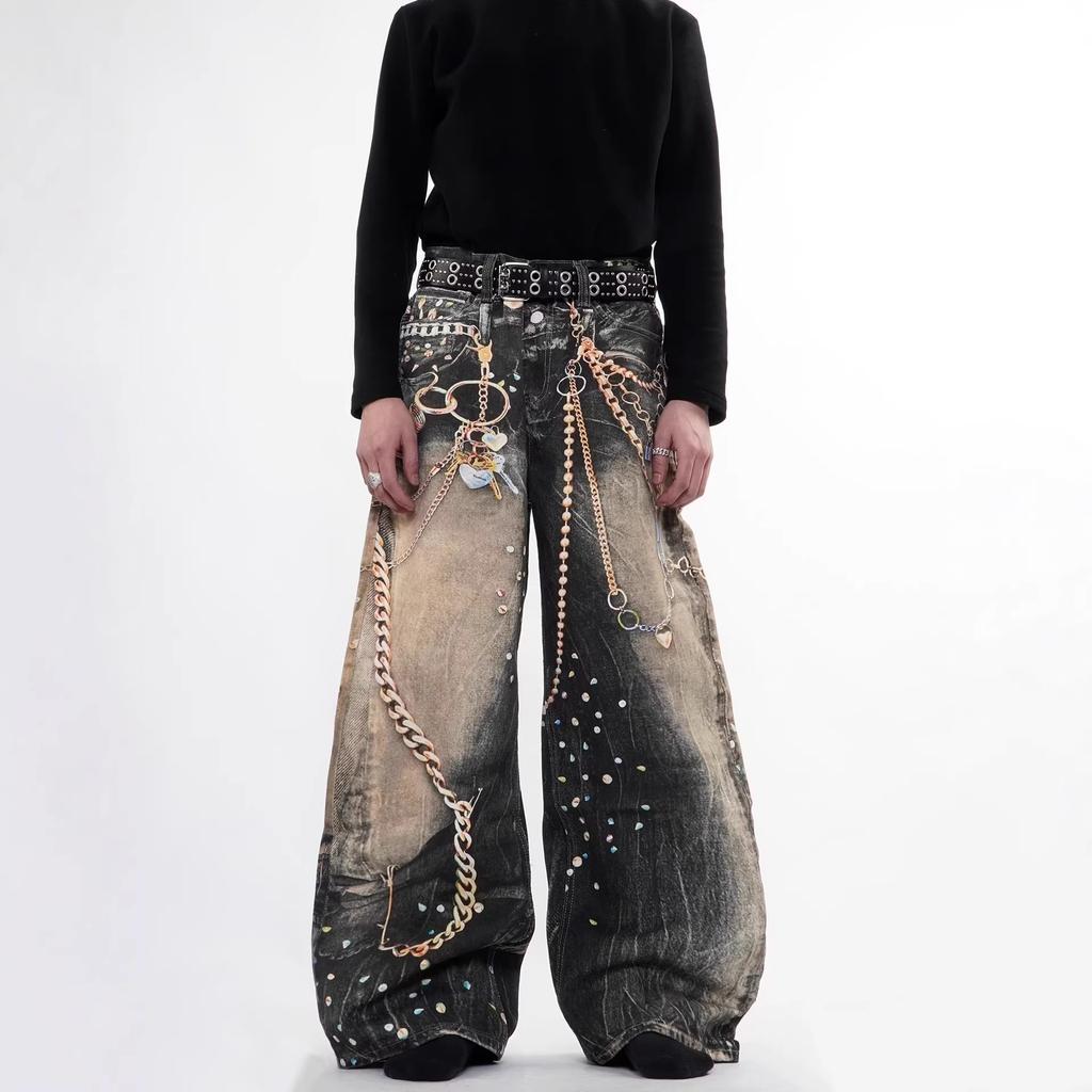 American trendy men's and women's fried street deconstruction metal loose wide-leg pants Gypsy loose drape design micro-pull pants