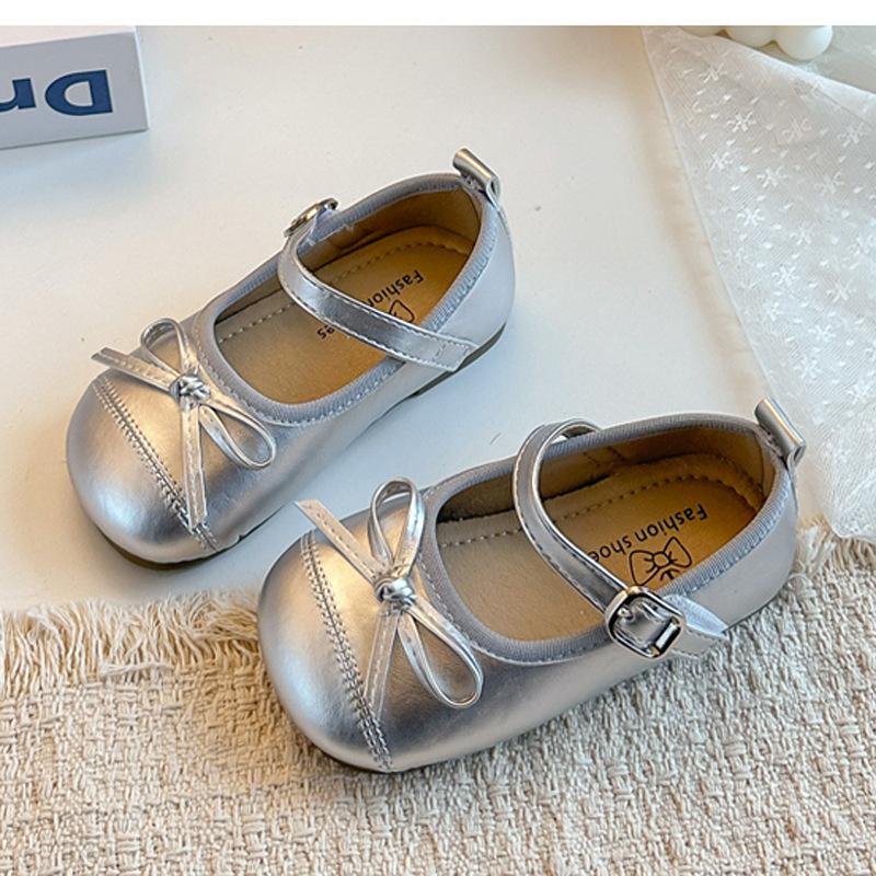 

Girls Solid Color Single Shoes, Cute Bow Princess PU Leather Shiny Spring Summer , Suitable Toddlers, Medium Large Children 24