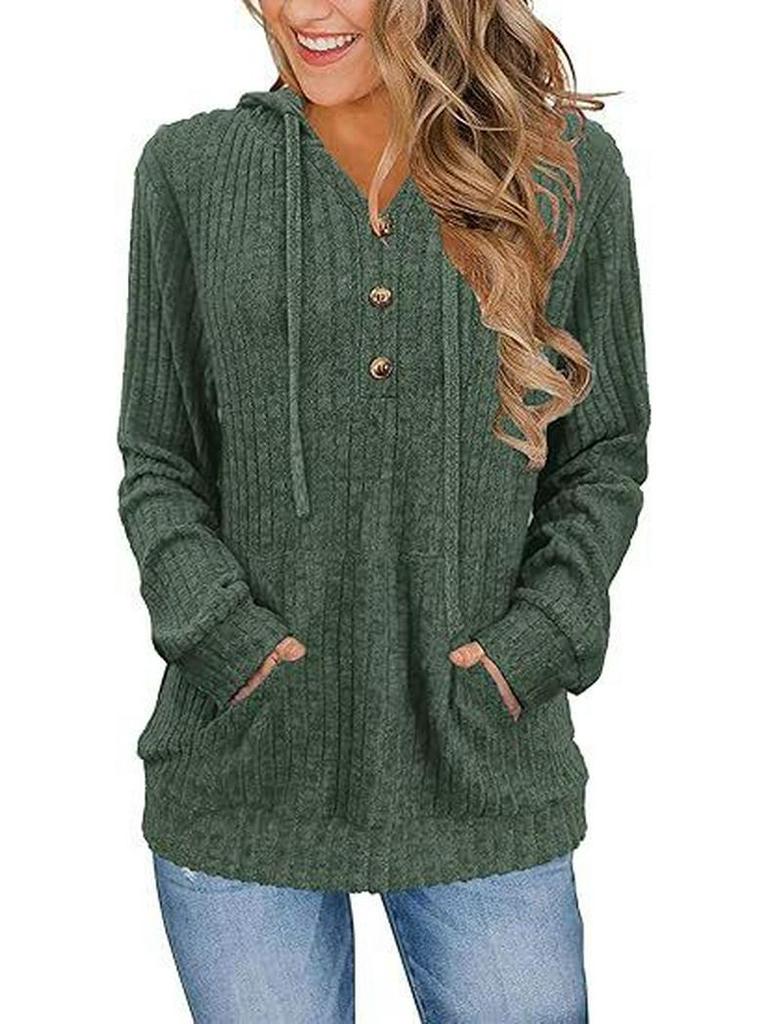 2025 Autumn/Winter Women's Solid Color Ribbed Knit Hoodie Sweater