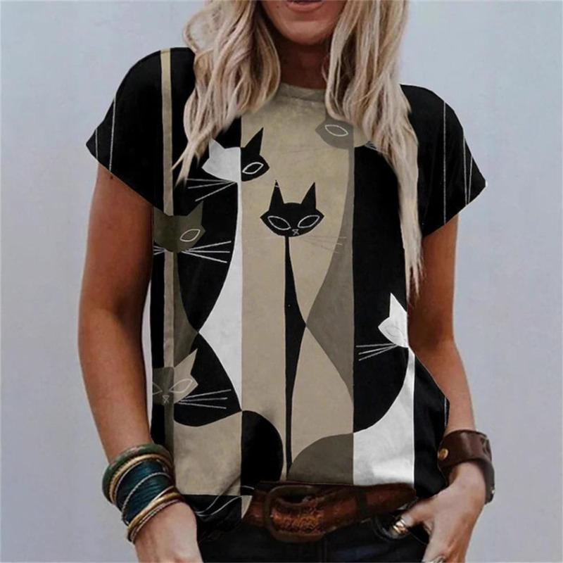 

Summer fashion round neck T-shirt with 3D digital printing, women s short sleeved cute cat print 3207 KTB 6XL