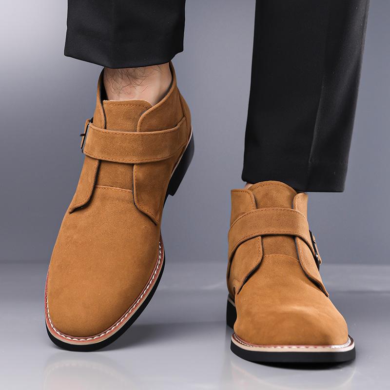 Large Size Suede Martin Boots Low Heel Square Heel Belt Buckle Short Elastic Sleeve