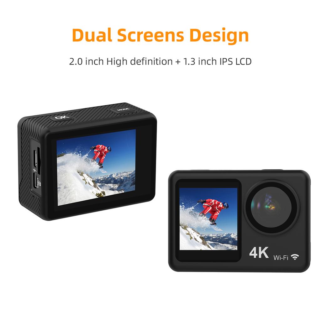 4K 30FPS Action Camera 16MP WiFi Sports Camera 160 Degrees Wide Angle Lens Dual Screen 30M/98ft Waterproof
